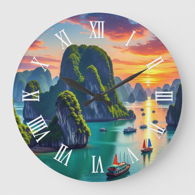 Ha Long Bay Vietnam Sunset Große Wanduhr (Vorderseite)