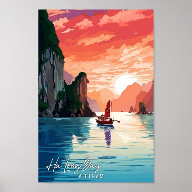 Ha Long Bay Vietnam Vintage-Reise-Abbildung Poster (Vorne)