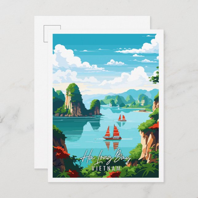 Ha Long Bay Vietnam Vintage-Reise-Abbildung Postkarte (Vorne/Hinten)