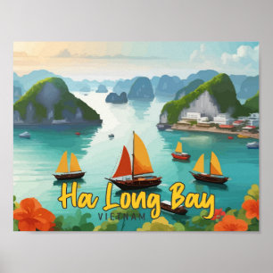 Ha Long Bay Vietnam Vintage Travel Illustration Poster