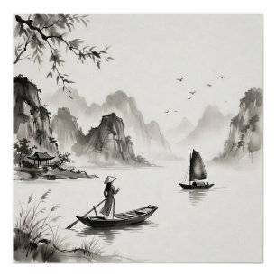Ha-Long-Bucht Vietnam Tuschelandschaft Poster