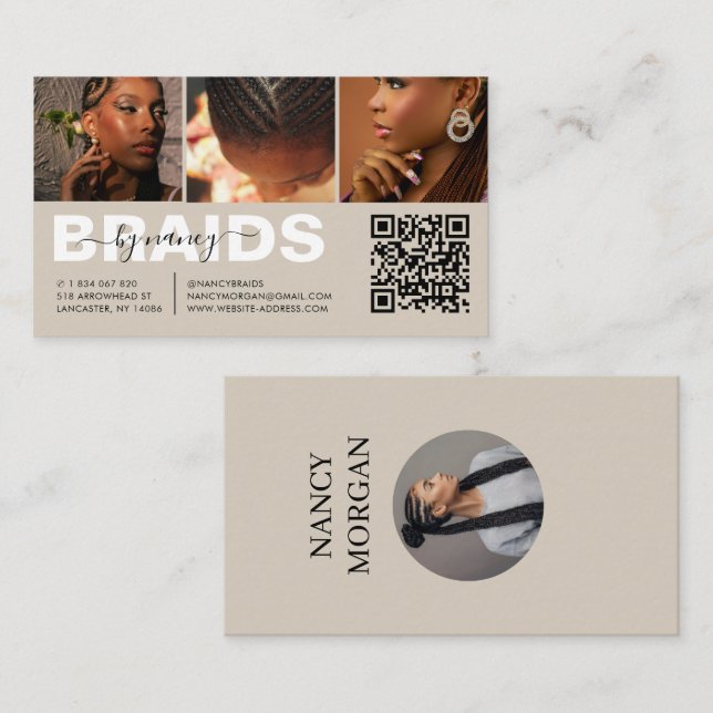 Haar-Flecht-Script-Foto-Collage-QR-Code Beige Visitenkarte (Vorne/Hinten)