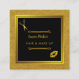 Haar Makeup Stylist Gold Imitate Schwarzer Glitzer Quadratische Visitenkarte