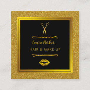 Haar Makeup Stylist Gold Imitate Schwarzer Glitzer Quadratische Visitenkarte