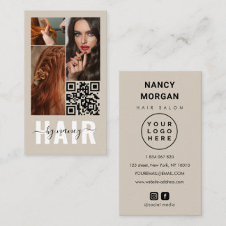 Haar Schrift Foto Collage Logo Qr Code Beige Visitenkarte