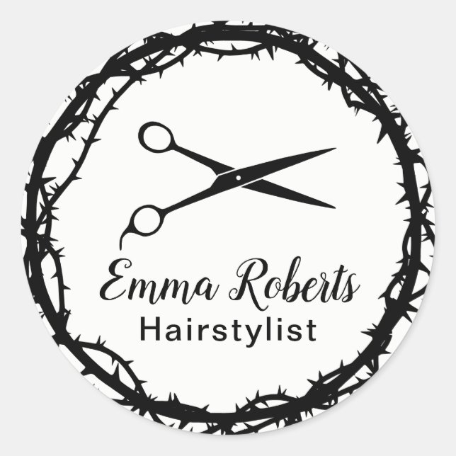 Haar Stylist Black Scissor Chic Thorn Gerahmt Runder Aufkleber (Vorderseite)