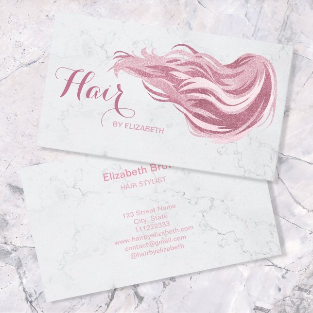 Haar Stylist Chic Pink Glitzer Marble Beauty Salon Visitenkarte (Von Creator hochgeladen)