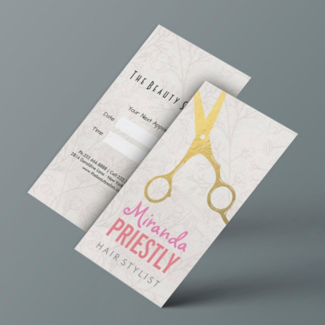 Haar Stylist Elegante Imitate Gold Scheren Blumen Terminkarte (Von Creator hochgeladen)