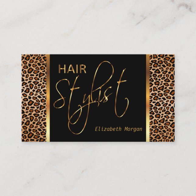 Haar-Stylist in einem goldenen Brown-Leopard-Druck Visitenkarte (Vorderseite)