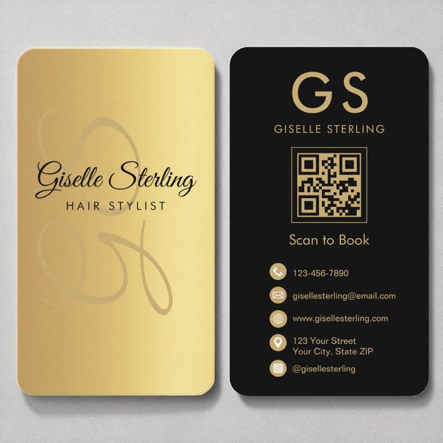 Haar Stylist Monogram Gold Black QR Code Visitenkarte (Von Creator hochgeladen)