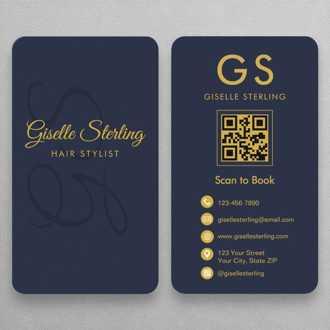 Haar Stylist Monogram Navy Blue Gold QR Code Visitenkarte (Von Creator hochgeladen)