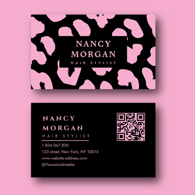 Haar Stylist Pink Leopard Print QR Code Visitenkarte (Von Creator hochgeladen)