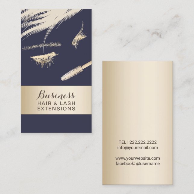 Haar-u. Peitschen-Erweiterungs-Salon-modernes Blau Visitenkarte (Vorne/Hinten)