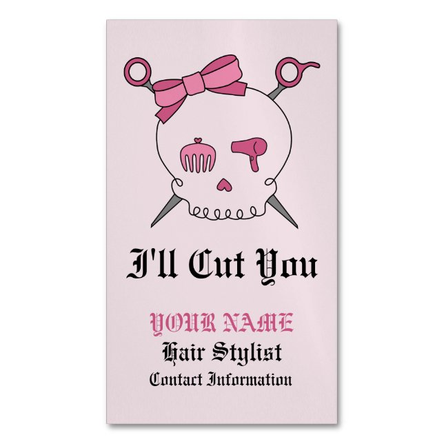 Haaraccessoires Skull & Scheren (rosa Version 6) Magnetische Visitenkarte (Vorderseite Vertikal)