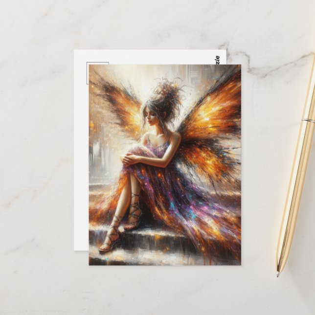 Haare in einem lila Kleid sitzen auf der Treppe Postkarte (Vorderseite/Rückseite Beispiel)