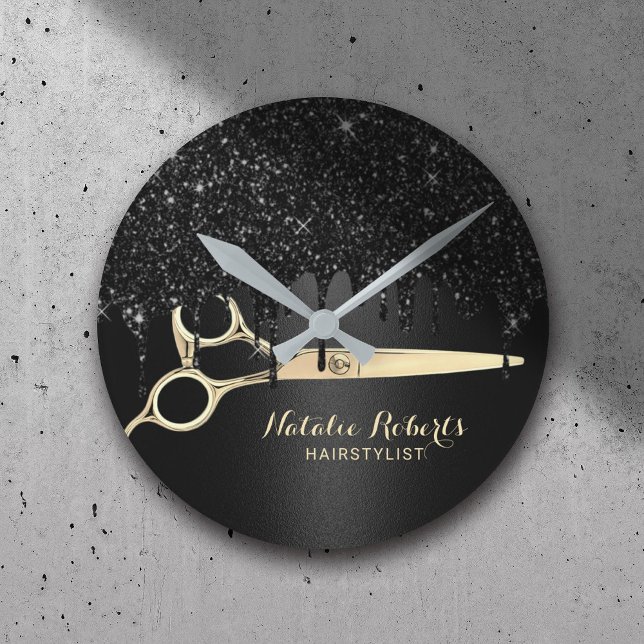 Haare Stylist Black Glitzer Tropfen Schönheitssalo Runde Wanduhr (Von Creator hochgeladen)