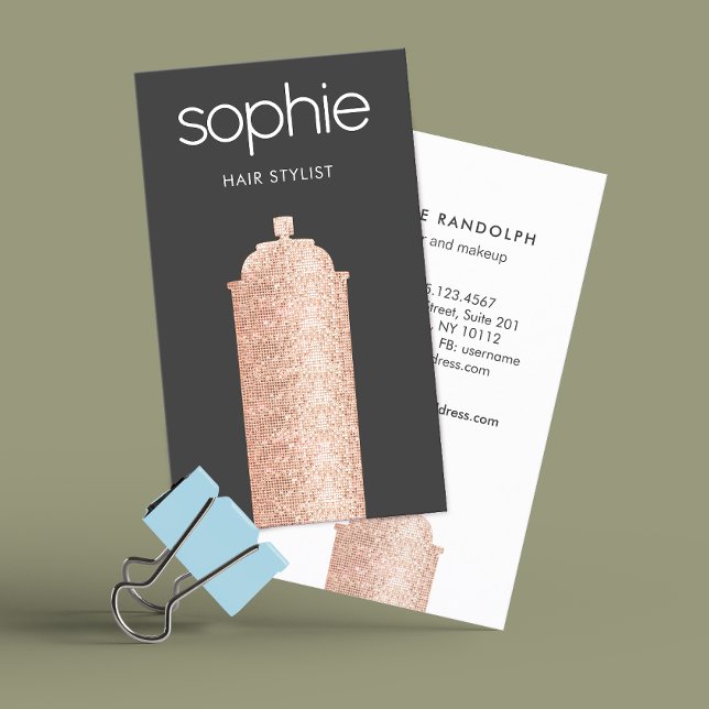 Haare Stylist Black Salon Rose Gold Haarspray Visitenkarte (Von Creator hochgeladen)