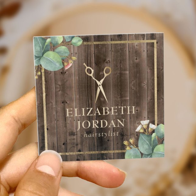 Haare Stylist Gold Schere Salon Botanisches Holz Quadratische Visitenkarte (Von Creator hochgeladen)