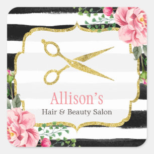 Haare Stylist Gold Scheren Rosa Blütenstreifen Quadratischer Aufkleber