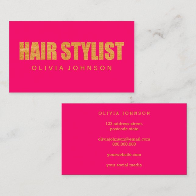 Haare Stylist Gold Typografie Modernes Rosa Visitenkarte (Vorne/Hinten)
