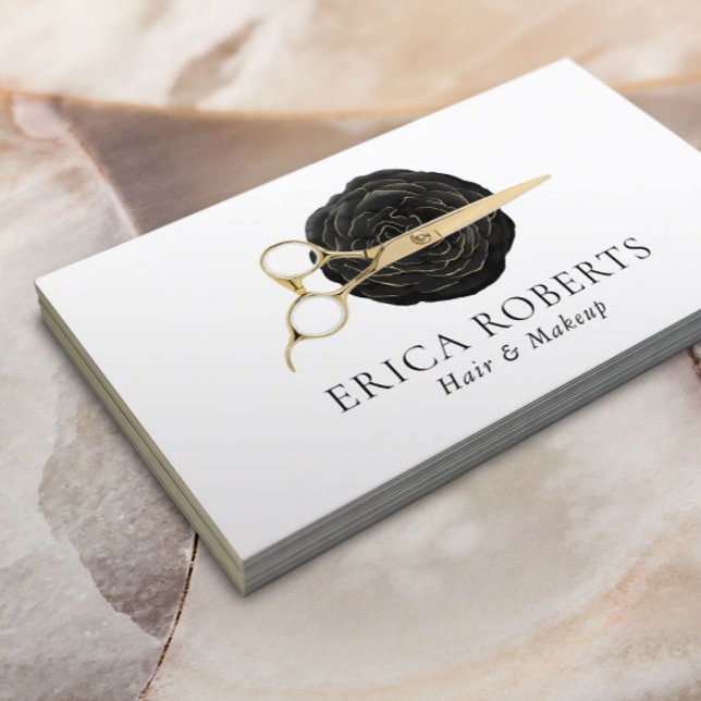 Haare Stylist Goldschere Schwarze Rose Schönheitss Visitenkarte (Von Creator hochgeladen)