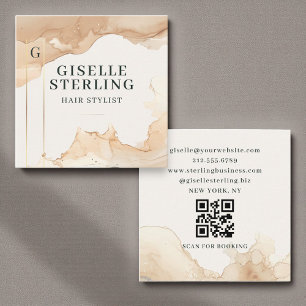 Haare Stylist Wasserfarbe QR Code Beige Gold Foil Quadratische Visitenkarte