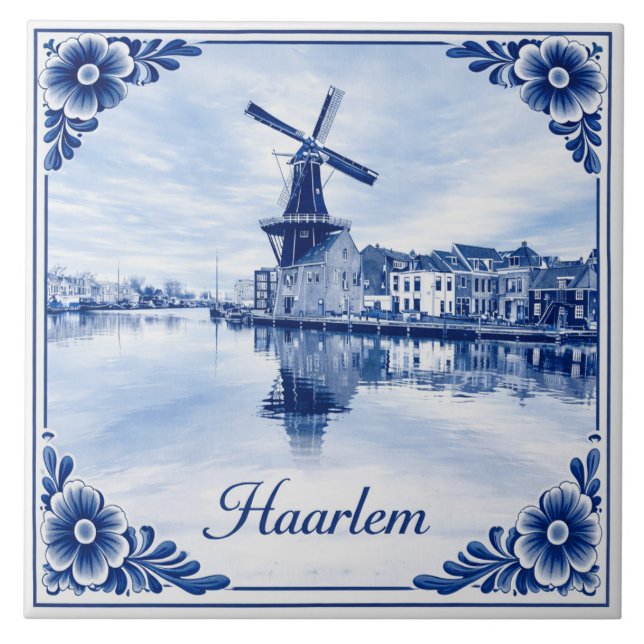 Haarlem windmill Delft Blue style ceramic tile Fliese (Vorderseite)