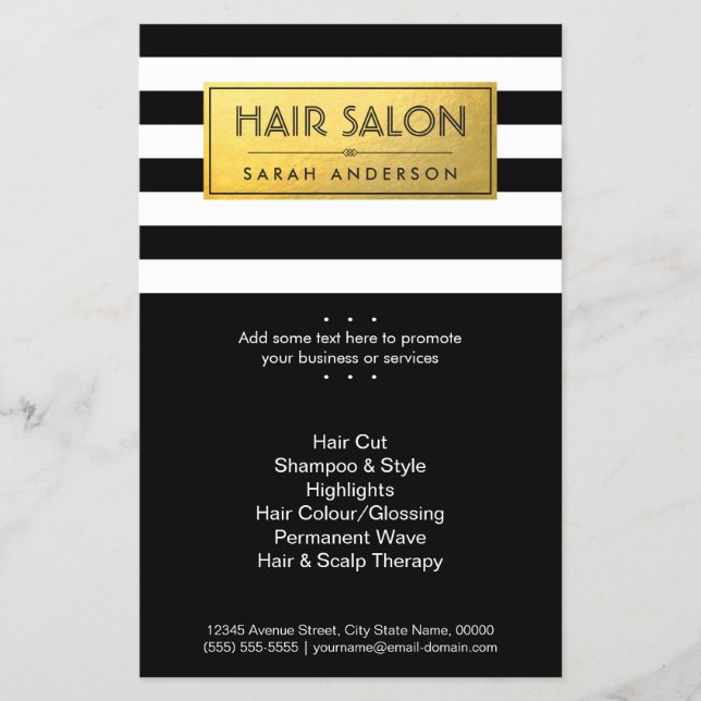 HAARSALON - Goldsiegel und Schwarz-weiße Streifen Flyer (Vorne)