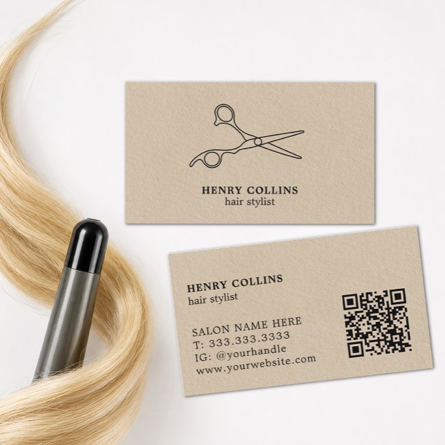 Haarsalon Scheren Beige Kraftpapier Qr Code Visitenkarte (Von Creator hochgeladen)