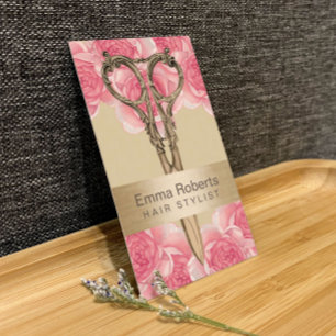 Haarstühle Antique Schere Creme & Pink Blütencreme Visitenkarte