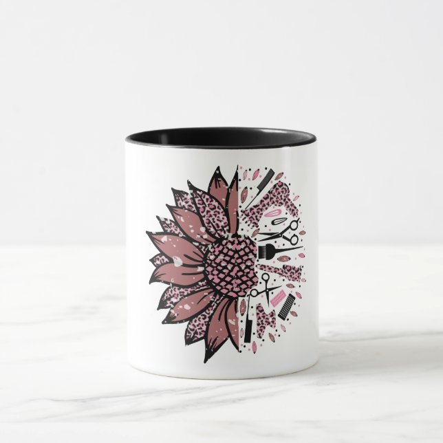 Haarstühle und Sonnenblumen aus rosa Leopard Tasse (Zentrum)