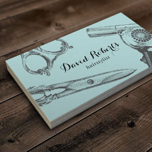 Haarstühle Vintage Schere & Haartrockner Aquamarin Visitenkarte