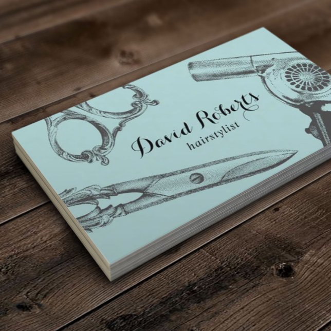 Haarstühle Vintage Schere & Haartrockner Aquamarin Visitenkarte (Von Creator hochgeladen)