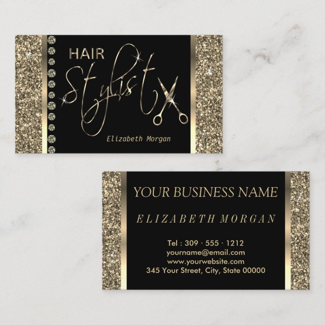 Haarstylist - Gold Glitzer und Diamanten Visitenkarte (Vorne/Hinten)