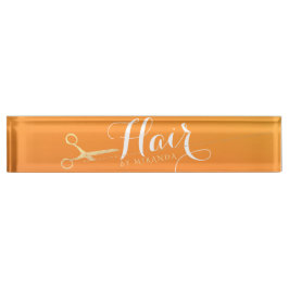 Haarstylistin Makeup Salon Chic Orange Gold Schere Namensplakette