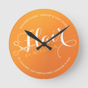 Haarstylistin Makeup Salon Chic Orange Gold Schere Runde Wanduhr
