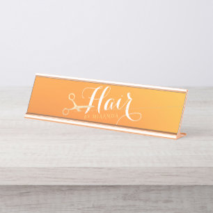 Haarstylistin Makeup Salon Chic Orange Gold Schere Schreibtischnamensplakette