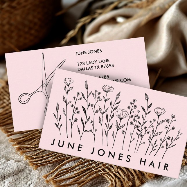Haarstylistische Scheren Elegante Wildblumen Rosa Visitenkarte (Hair Stylist Scissors Elegant Wildflowers Blush Business Card Line Art Social Media Icons)