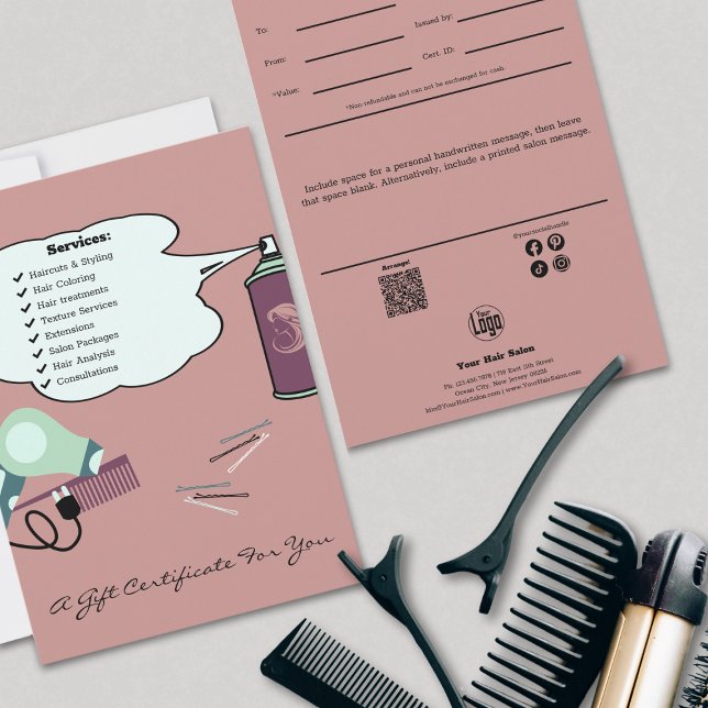 Haartools Pink Salon Geschenkgutschein Flat Card (Whimsical Hair Tools Pink Salon Gift Certificate Flat Card, Logo, QR Code, Note, Social)