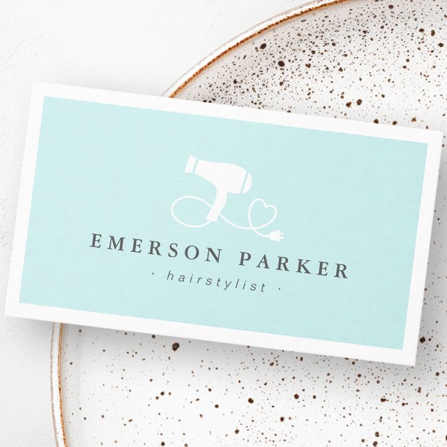 Haartrockner Herzklappe Licht Aqua blauer Friseur Visitenkarte (Hair dryer heart cord light aqua blue hairdresser business card)