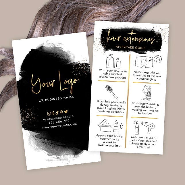 Haarverlängerungen Aftercare Black & Gold Haarstyl Visitenkarte (Luxurious black and gold hair extensions aftercare instructions cards with icons and gold effects)