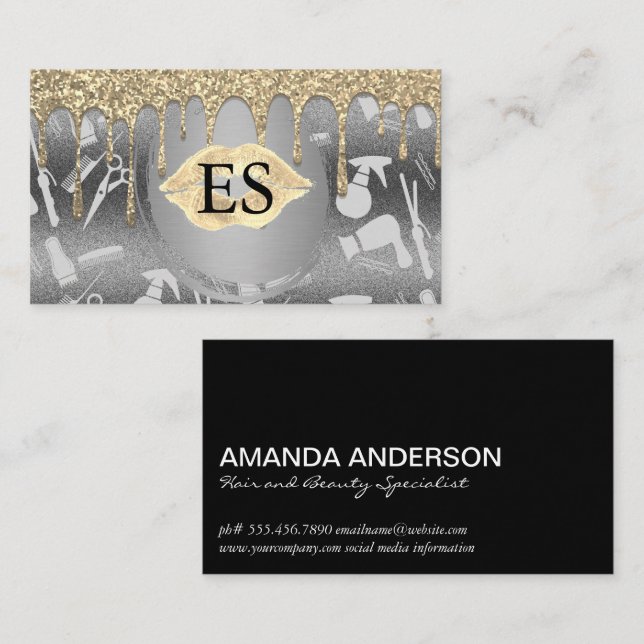 Haarwerkzeug | Kiss Glitzer Tropfen Visitenkarte (Vorne/Hinten)