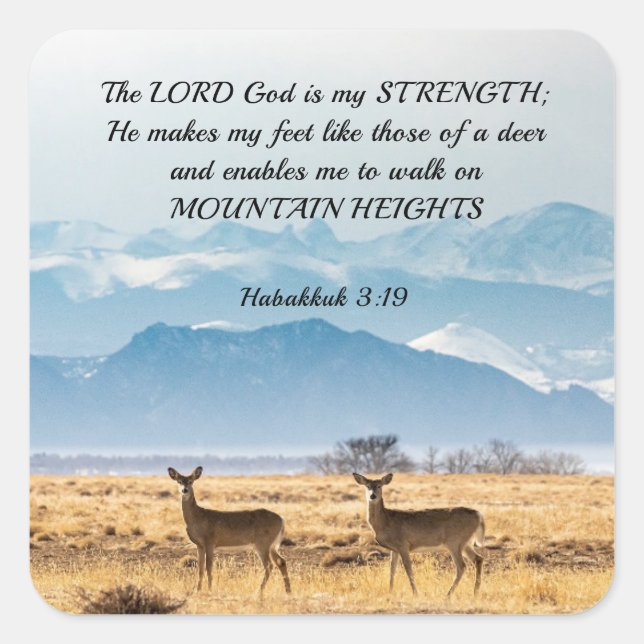 Habakkuk 3:19 Bibel Verse Deer and Mountains Quadratischer Aufkleber (Vorderseite)