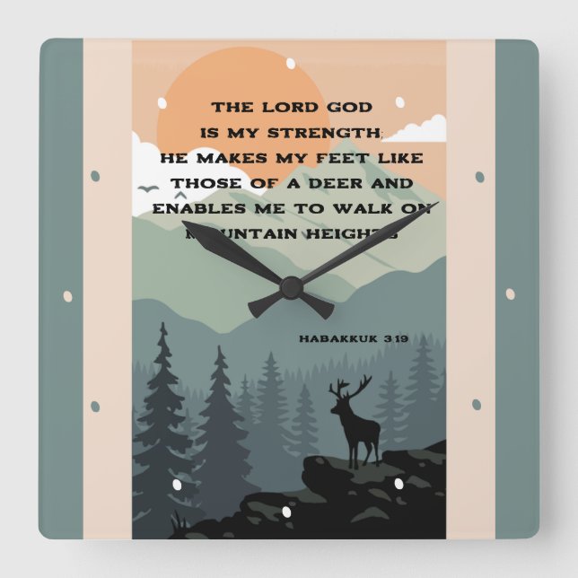 Habakkuk 3:19 Bibel Verse Deer on Mountain Quadratische Wanduhr (Vorderseite)