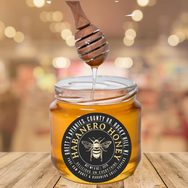 Habanero Honey Hot Raw Honey mit Goldbiene Runder Aufkleber (Von Creator hochgeladen)