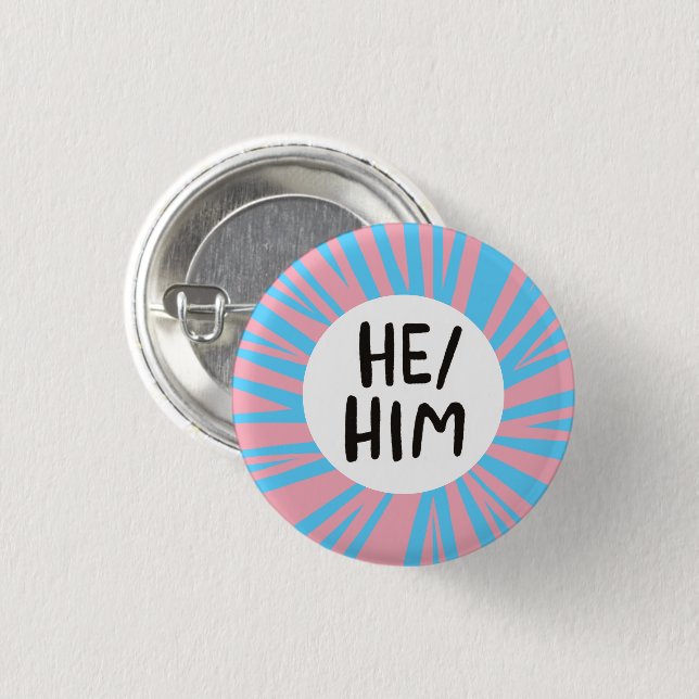 HABE Pronouns farbenfrohe Trans-Flagge Rosa Blau Button (Vorne & Hinten)