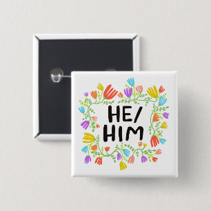 HABE Pronouns Rainbow Floral Wreath Button