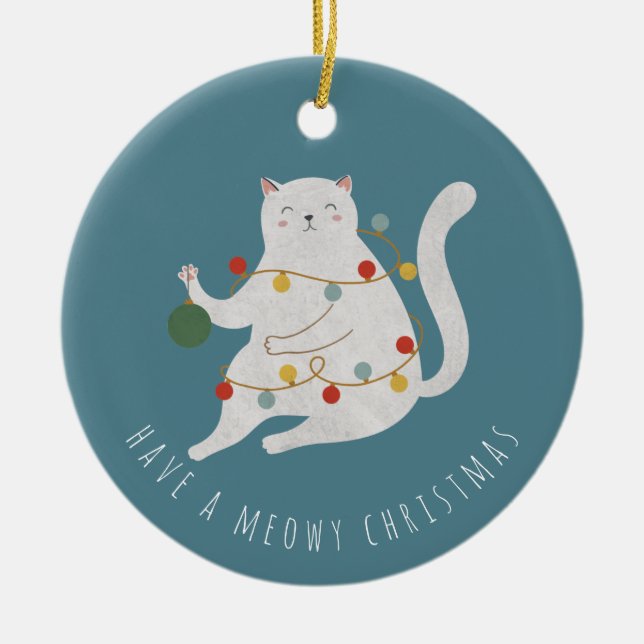 Haben Sie eine Meowy Weihnachts Fairy Lights Kat Keramik Ornament (Vorne)