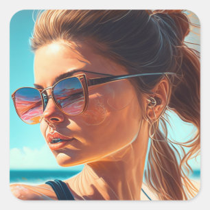 Haben Sie einen tollen Sommer   Schöne Frau am Str Quadratischer Aufkleber