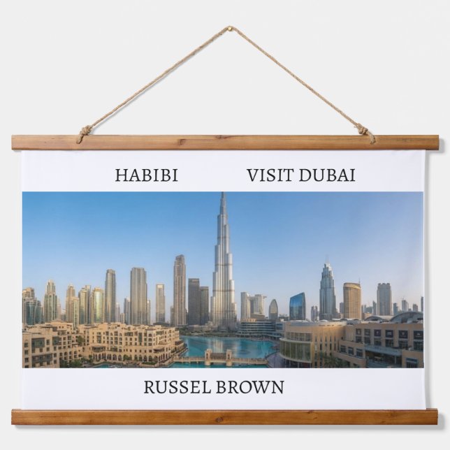 Habibi Come to Dubai Modern Travel Wandteppich Mit Holzrahmen (Vorne)
